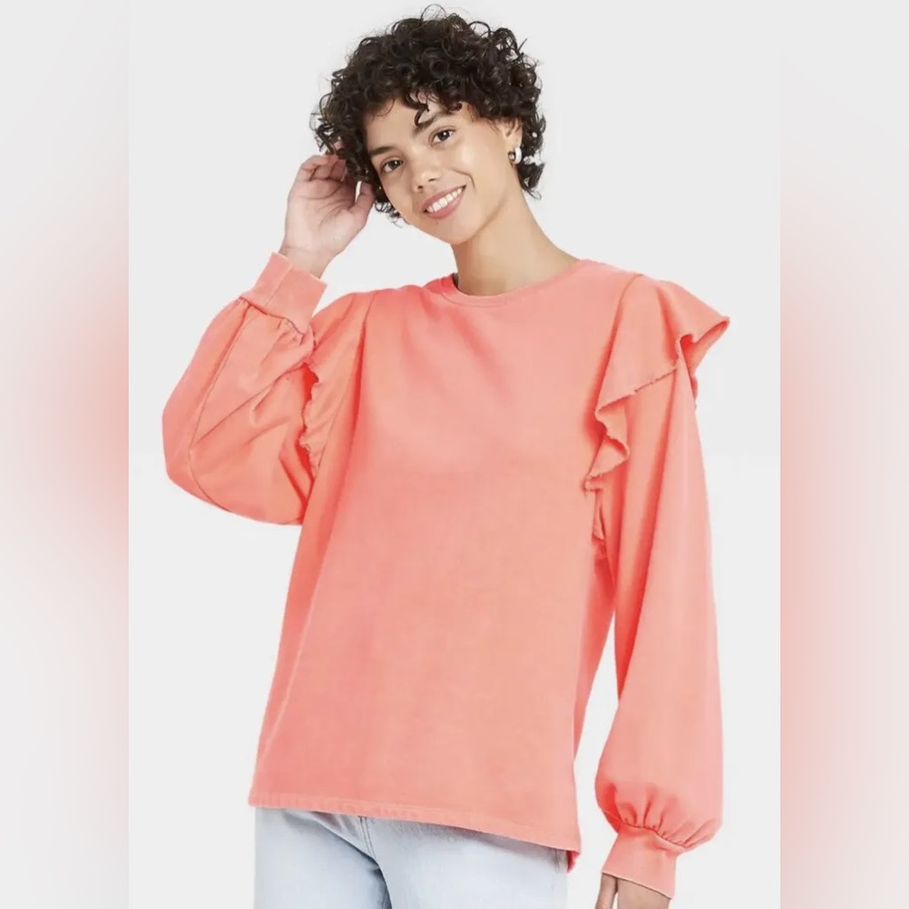 Universal Thread Peach Ruffled Sweatshirt Long Sleeve Neon Coral Top